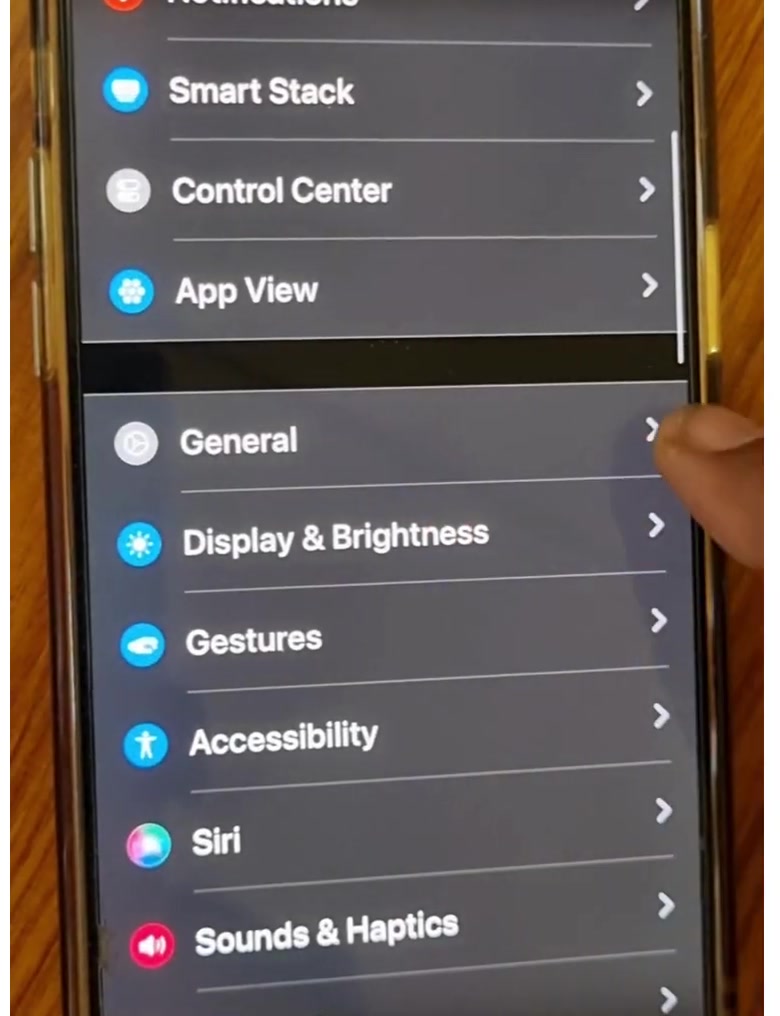 The My Watch tab of the Apple Watch app on iPhone, listing Notifications, Smart Stack, Control Center, App View and General