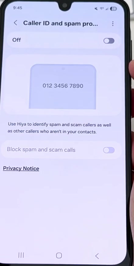 Samsung Caller ID and spam protection screen showing the main toggle set to Off and the Block spam and scam calls row greyed out