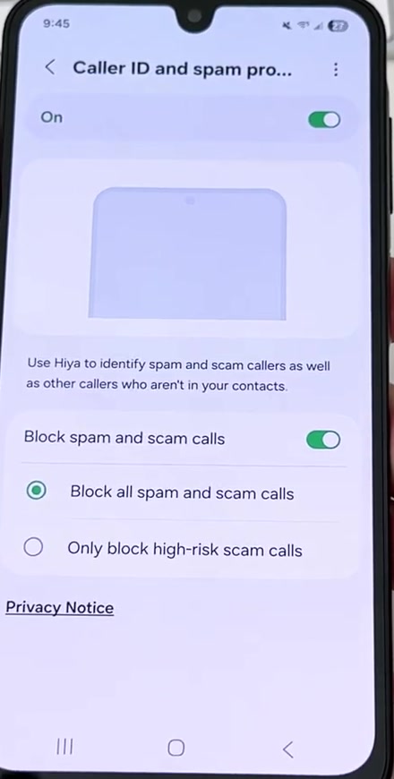 Samsung Caller ID and spam protection screen turned on with Block spam and scam calls enabled and Block all spam and scam calls selected