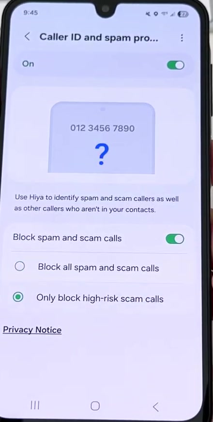 The same Samsung screen with Only block high-risk scam calls selected instead of Block all spam and scam calls
