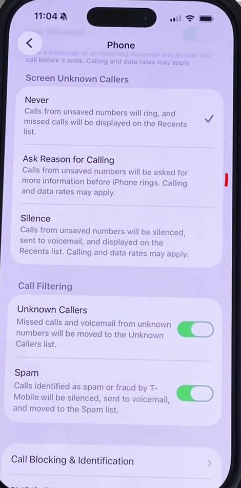 The Screen Unknown Callers section of iPhone Phone settings showing Never, Ask Reason for Calling and Silence