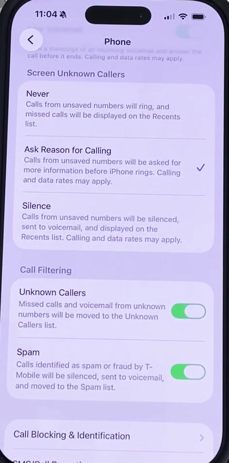 Ask Reason for Calling selected in the Screen Unknown Callers list