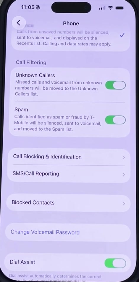 The Call Filtering section of iPhone Phone settings with Unknown Callers and Spam switched on
