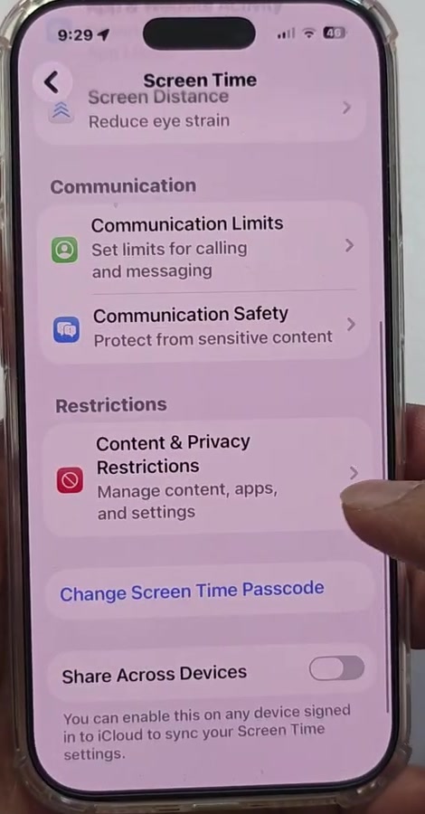 Screen Time settings screen showing Content and Privacy Restrictions