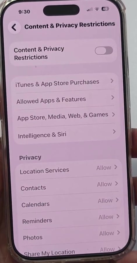 Content and Privacy Restrictions screen with the App Store, Media, Web, and Games row