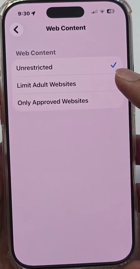 Web Content screen showing Unrestricted, Limit Adult Websites and Only Approved Websites