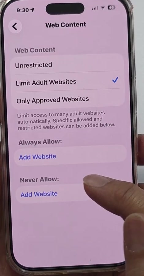 Limit Adult Websites selected with Always Allow and Never Allow lists below
