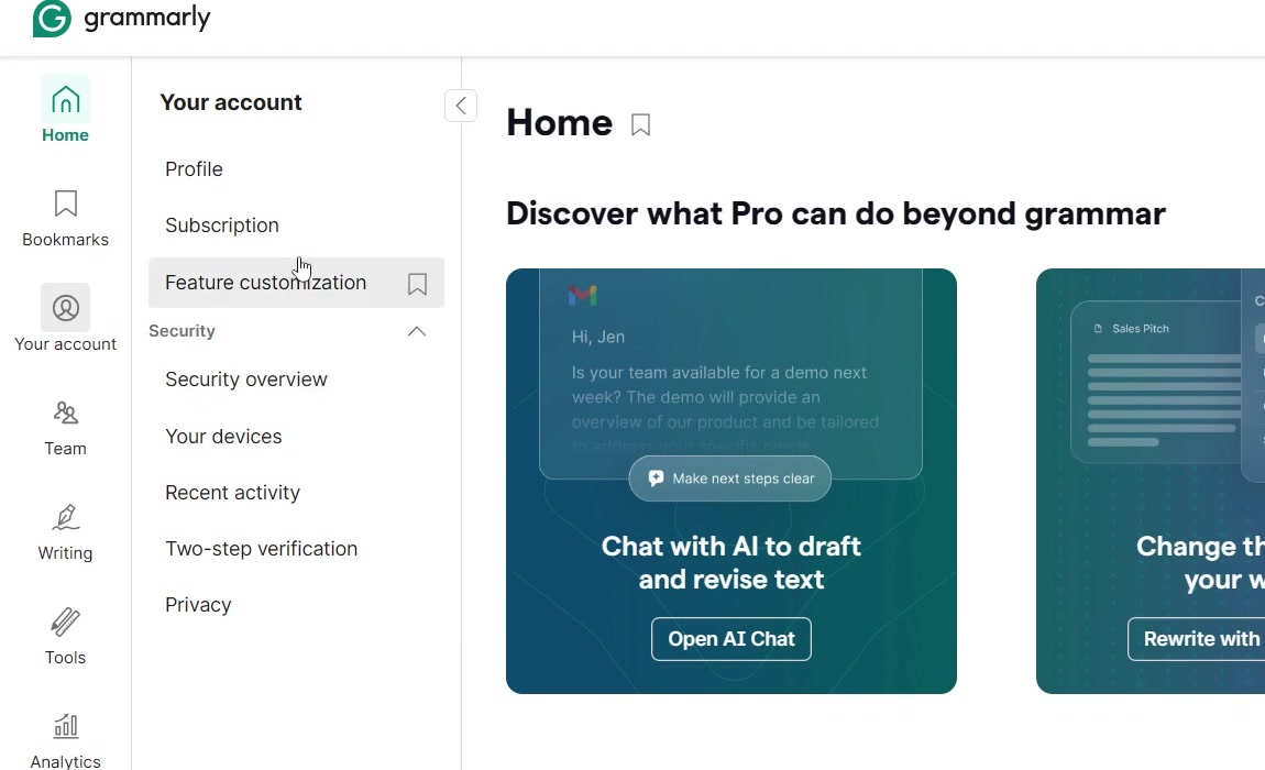 Grammarly account page with the Your account menu open and Subscription listed beneath Profile