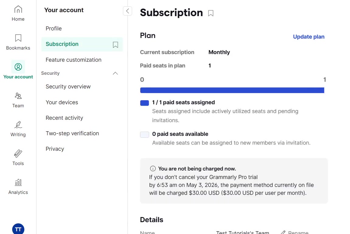Grammarly Subscription page showing plan name, monthly billing and paid seats assigned