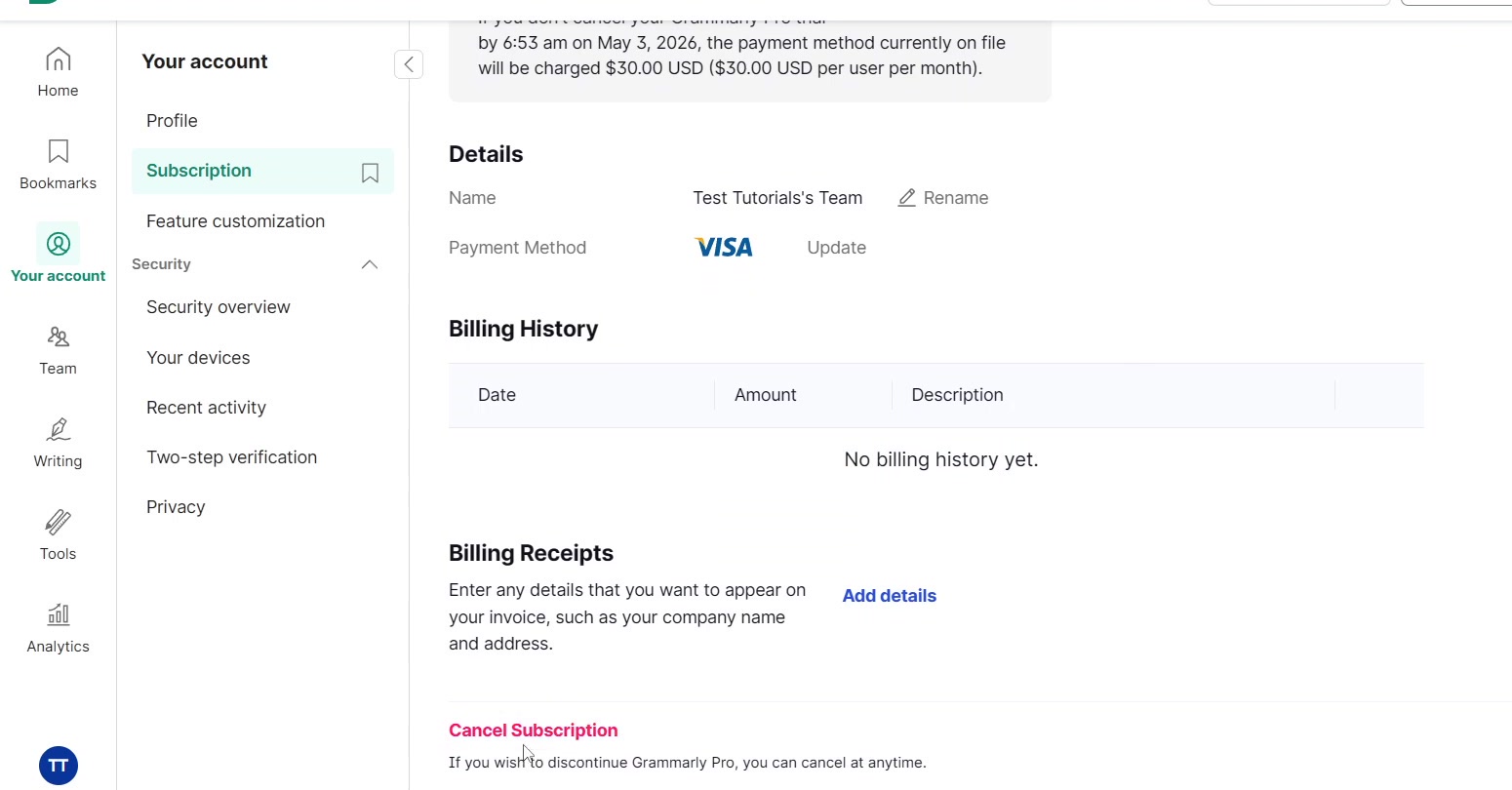 Red Cancel Subscription link at the foot of the Grammarly Subscription page below Billing Receipts