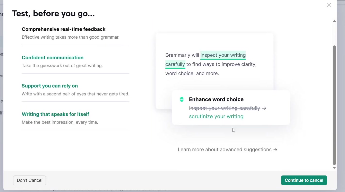Grammarly retention screen headed 'before you go' with Don't Cancel and Continue to cancel buttons