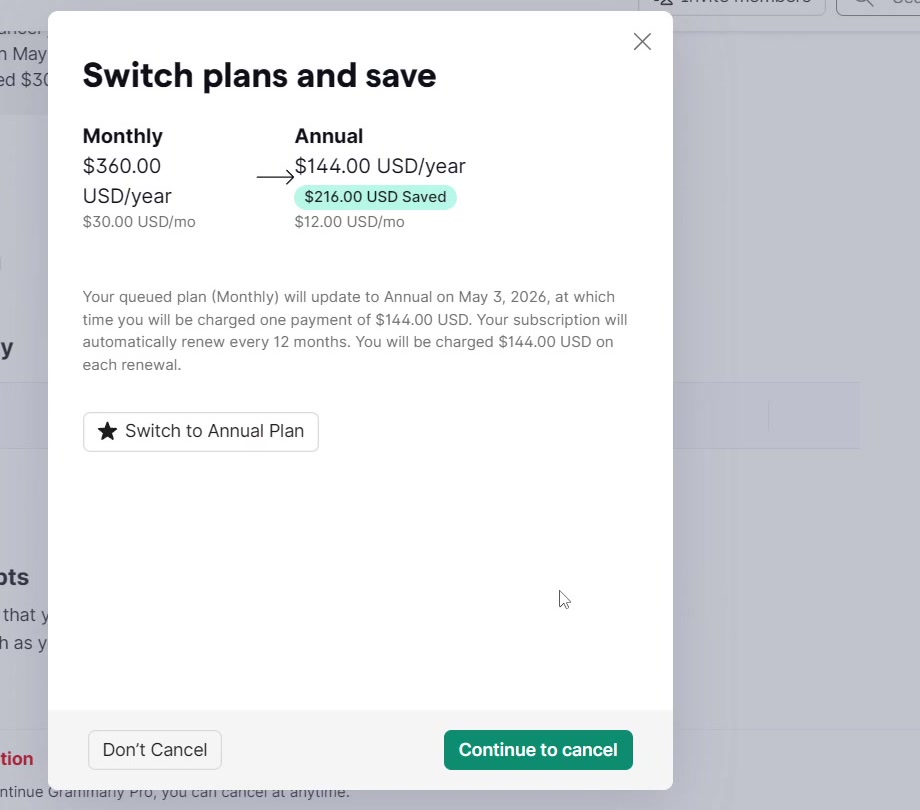 Grammarly Switch plans and save offer comparing monthly and annual pricing with a Continue to cancel button