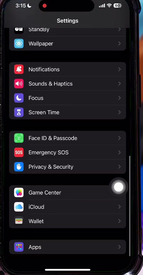 iPhone Settings list scrolled to the bottom with the Apps row visible