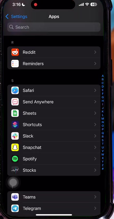 The Apps list in iPhone Settings showing Safari under the letter S