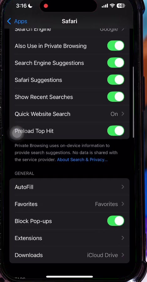 Safari settings scrolled to the General section with the AutoFill row highlighted