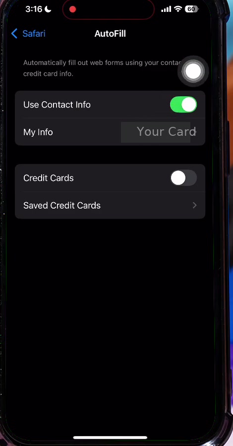The Safari AutoFill screen showing the Use Contact Info toggle switched on and the My Info row