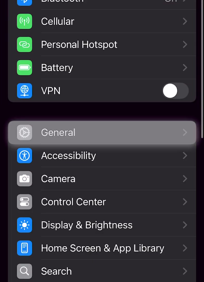 iPhone Settings list with the General row highlighted below VPN
