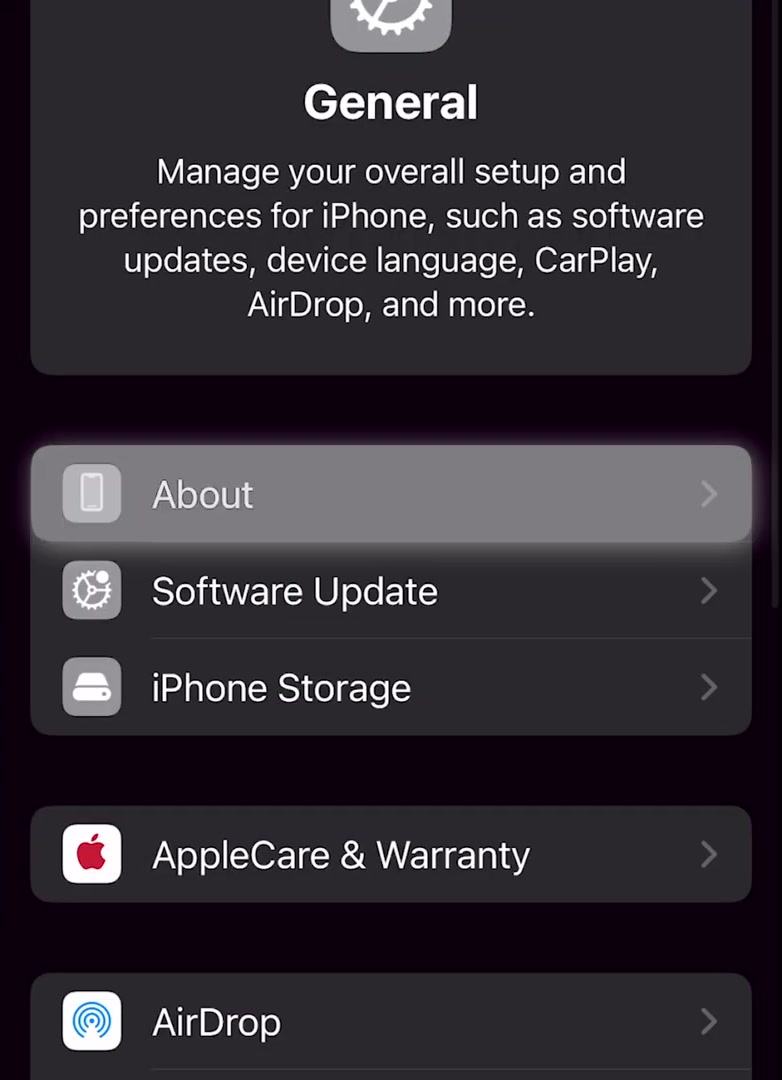 iPhone General settings screen with About at the top of the list