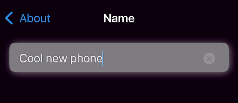 iPhone Name screen with a new device name typed into the field