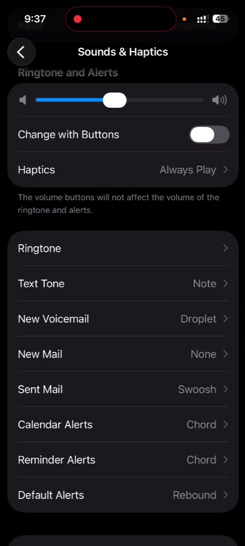 iPhone Sounds and Haptics settings screen showing the Ringtone row above Text Tone