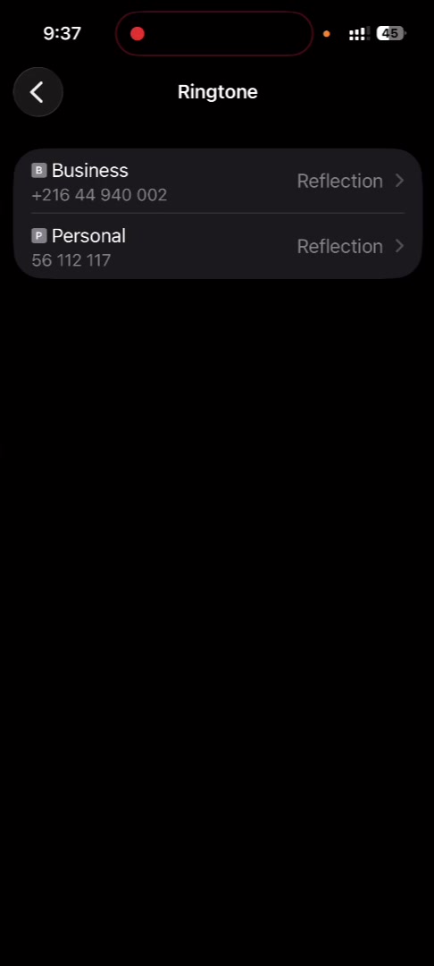 iPhone Ringtone screen listing two SIM lines, Business and Personal, each set to Reflection