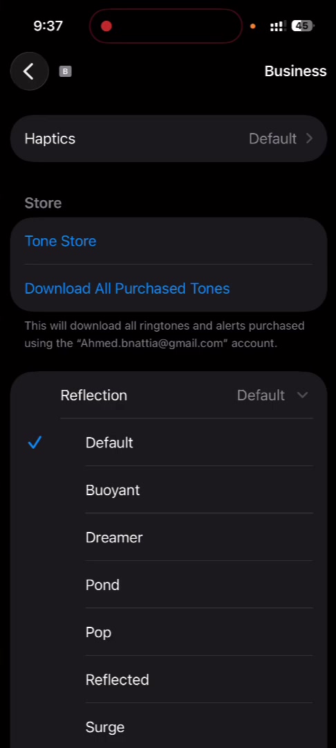 iPhone tone list with Default checked, above links for Tone Store and Download All Purchased Tones