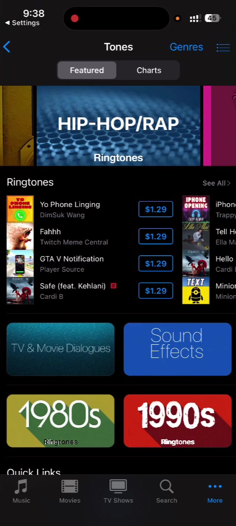 The iTunes Store Tones tab showing ringtone charts and genre categories