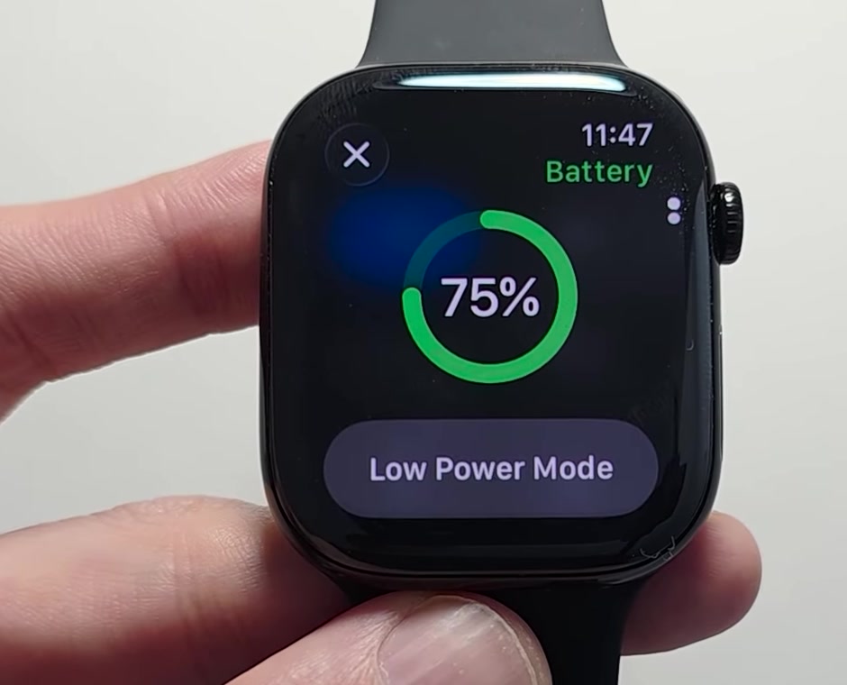 Apple Watch battery screen showing 75 percent in a green ring with a Low Power Mode button underneath