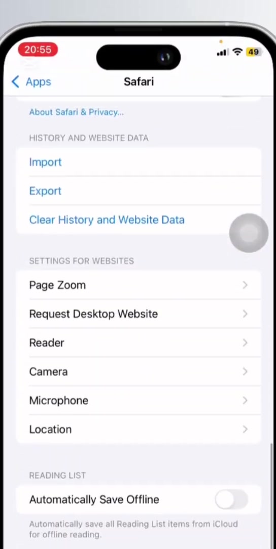 Safari settings screen showing the blue Clear History and Website Data link