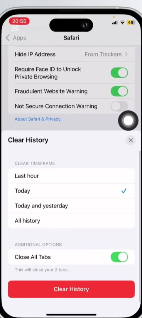 The Clear History sheet with timeframe options and a red Clear History button