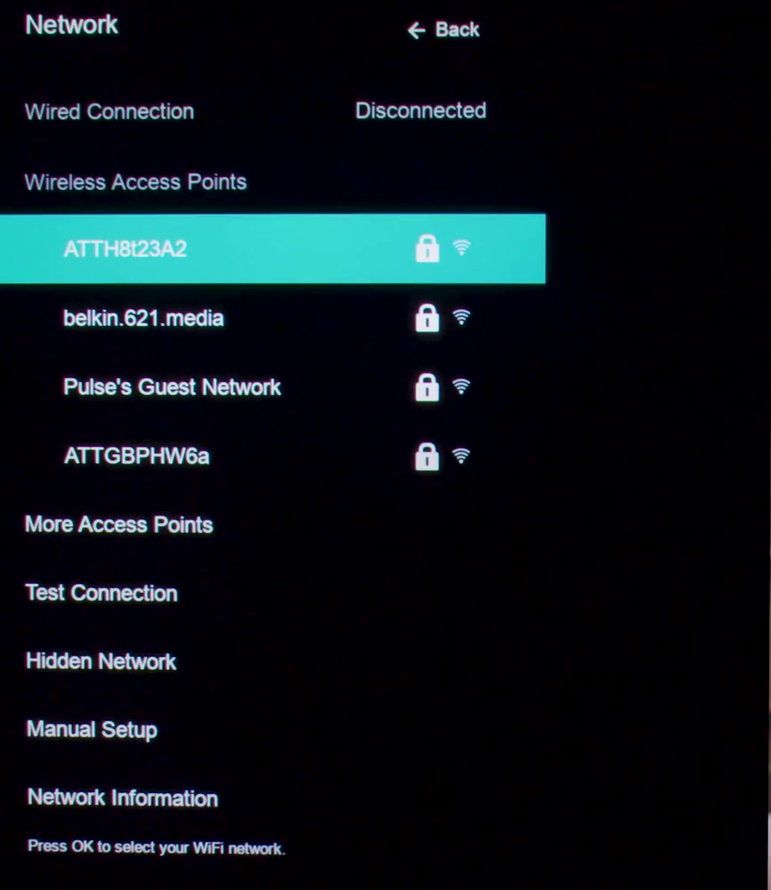 Vizio Network screen listing Wireless Access Points with padlock and signal icons, followed by More Access Points, Test Connection, Hidden Network, Manual Setup and Network Information options