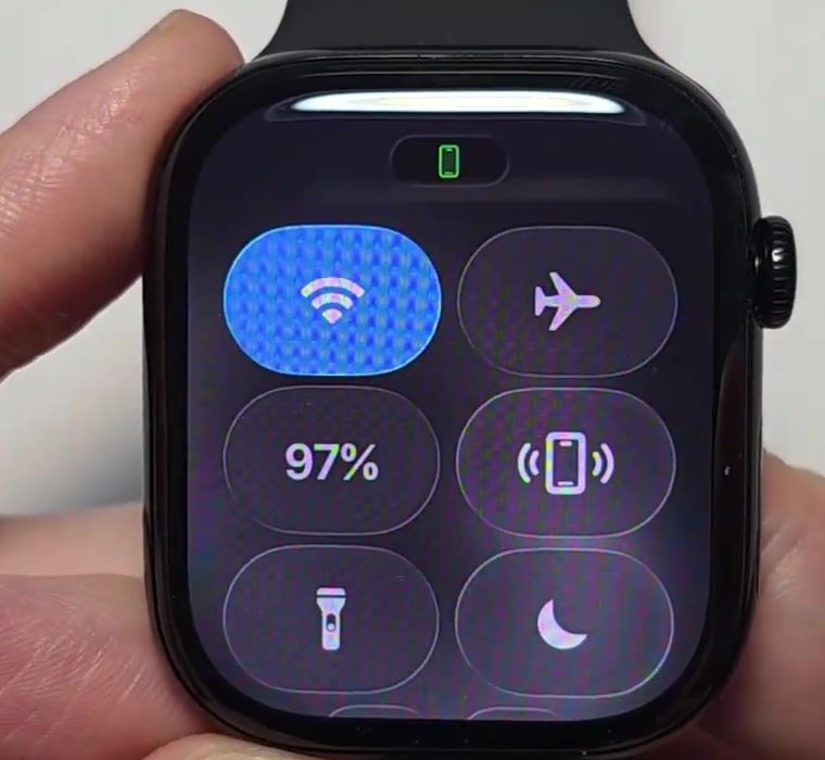 Apple Watch Control Center open, showing the Wi-Fi button lit blue and the Airplane Mode button next to it