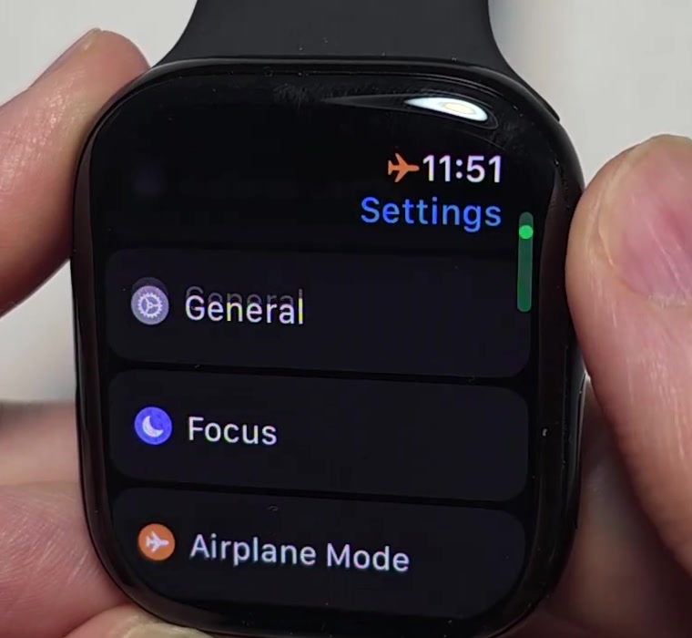 Apple Watch Settings app list showing General, Focus and Airplane Mode entries
