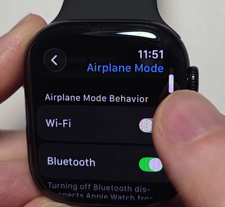 Apple Watch Airplane Mode settings screen with Wi-Fi and Bluetooth switches and a caption warning that turning off Bluetooth disconnects Apple Watch from iPhone