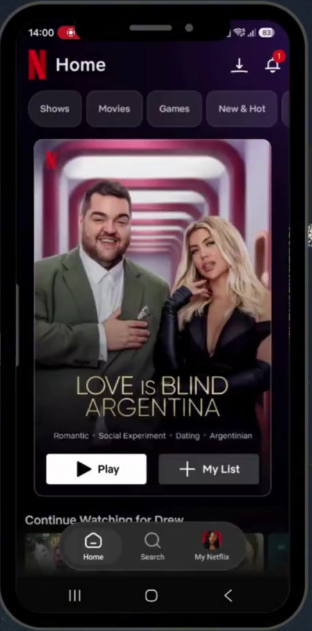 Netflix app home screen on an Android phone with Home, Search and My Netflix along the bottom