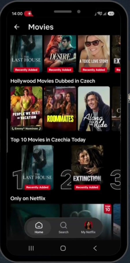 Netflix Movies category screen showing rows of film artwork