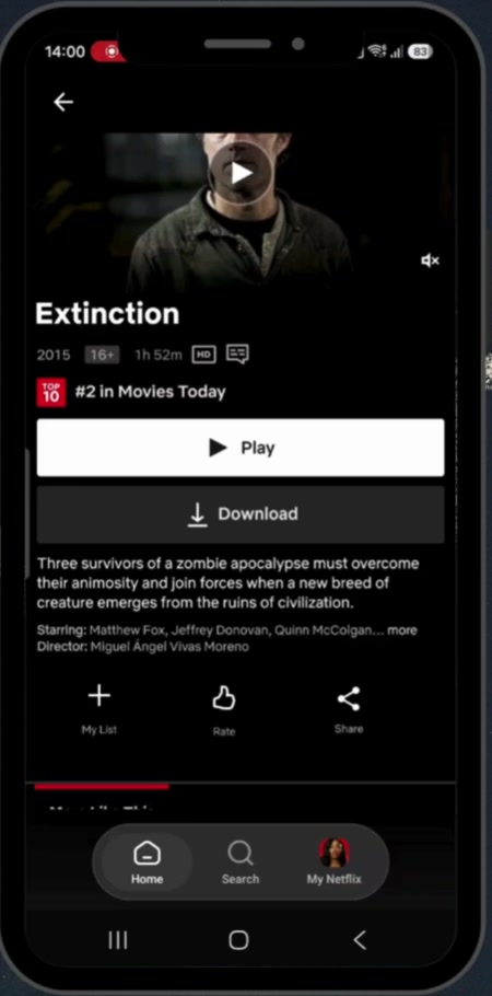 Netflix title page for a film with a white Play button and a Download button below it