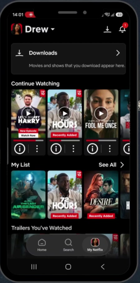 Netflix My Netflix screen with a Downloads row at the top above Continue Watching