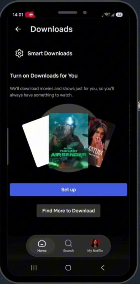 Netflix Downloads screen showing Smart Downloads and a Find More to Download button
