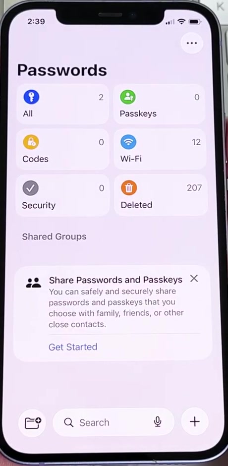 The Passwords app home screen showing the All, Passkeys, Codes, Wi-Fi, Security and Deleted categories
