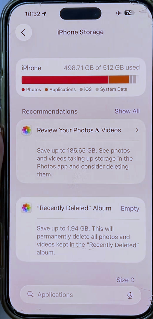 iPhone Storage screen showing the used-space bar and Recommendations including Review Your Photos and Videos and Recently Deleted Album