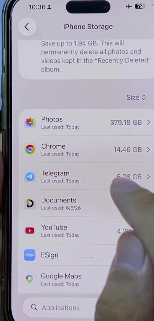 iPhone Storage app list sorted by size showing Photos, Chrome, Telegram, Documents and YouTube with their storage totals
