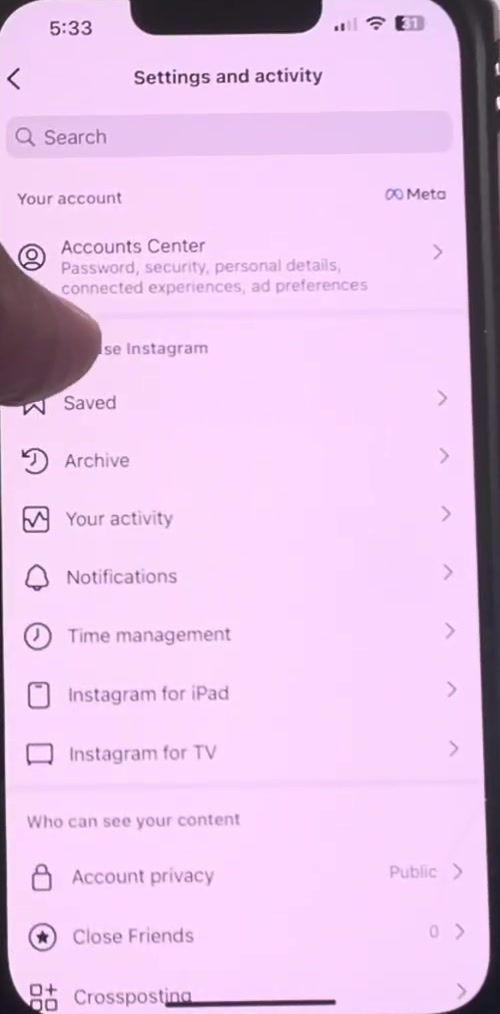 Instagram Settings and activity screen showing Accounts Center and account options