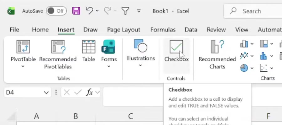 The Checkbox button in the Controls group of the Excel Insert tab, with its tooltip open