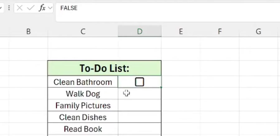 A column of empty Excel checkboxes with the formula bar reading FALSE