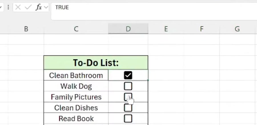 An Excel checkbox ticked, with TRUE shown in the formula bar