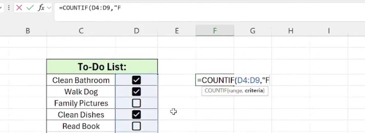 A COUNTIF formula being typed in Excel to count checkbox cells