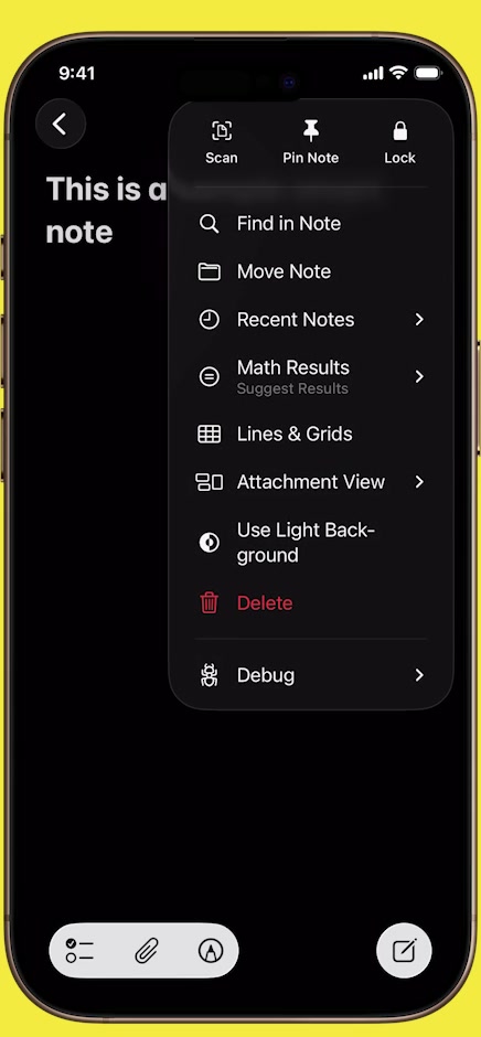 Apple Notes More menu open with Lock in the top row of icons