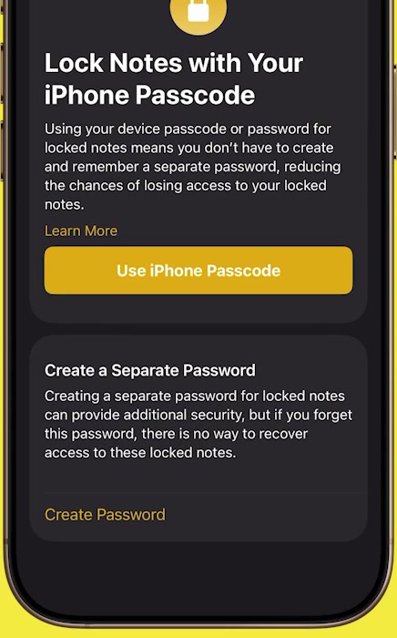 Lock Notes with Your iPhone Passcode screen showing the Use iPhone Passcode button