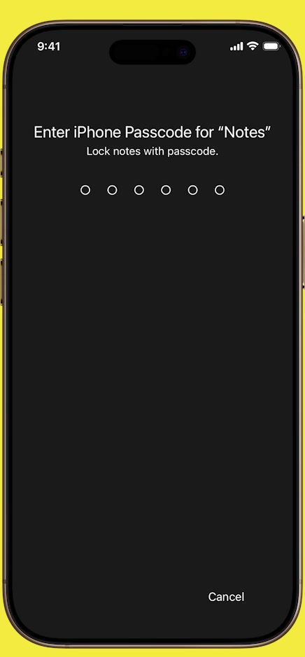 Enter iPhone Passcode for Notes screen with six empty passcode dots